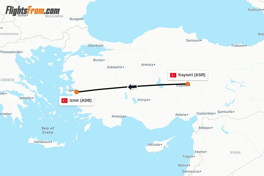 Flights from Kayseri to Izmir route map