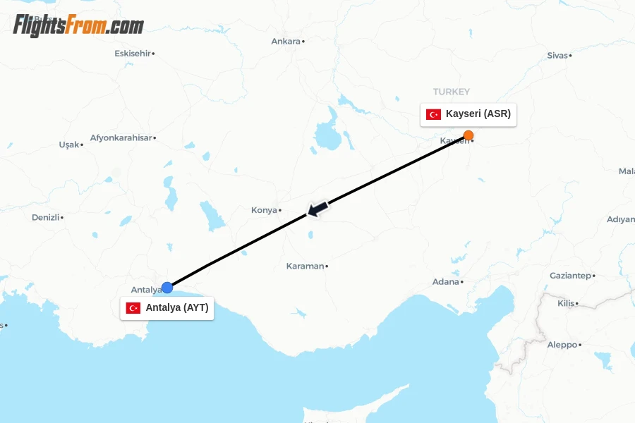 Flights from Kayseri to Antalya route map