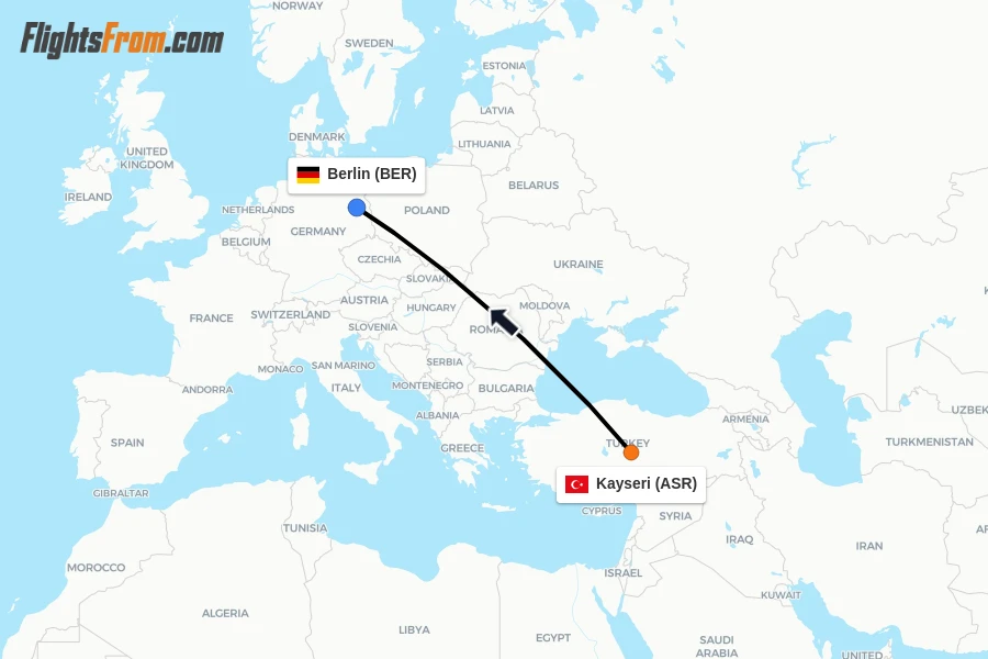 Flights from Kayseri to Berlin route map