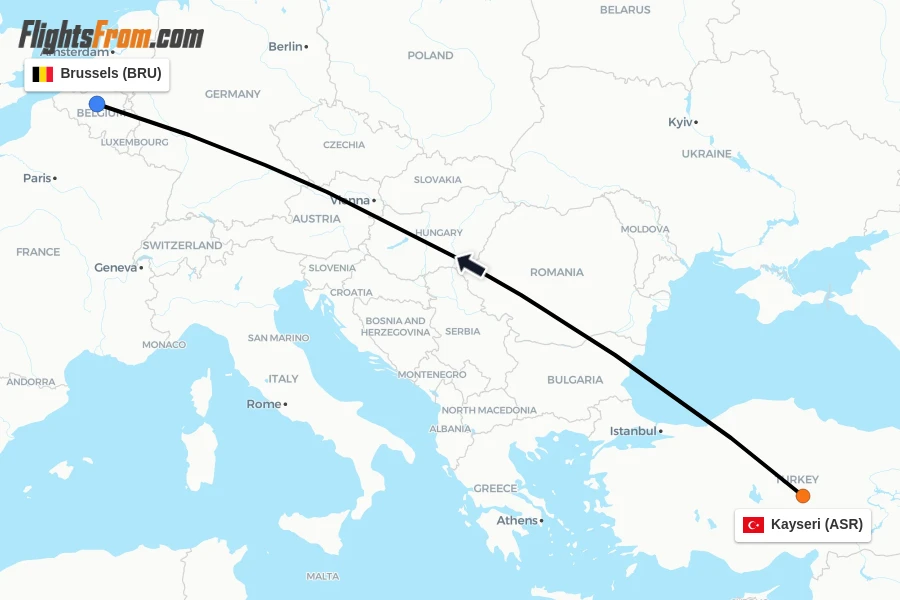 Flights from Kayseri to Brussels route map