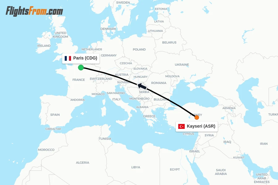 Flights from Kayseri to Paris route map