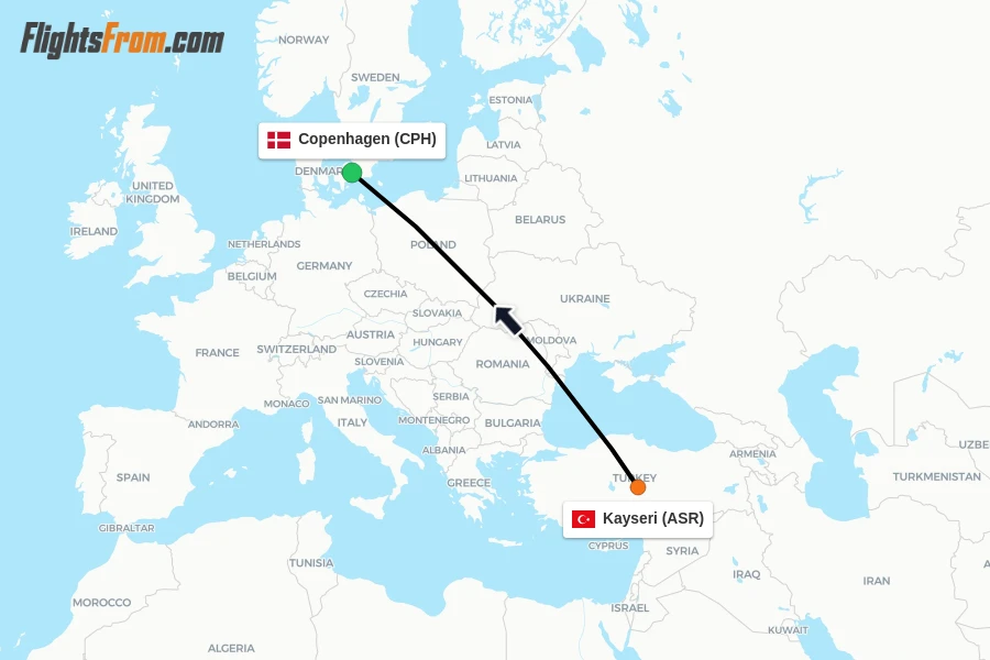 Flights from Kayseri to Copenhagen route map