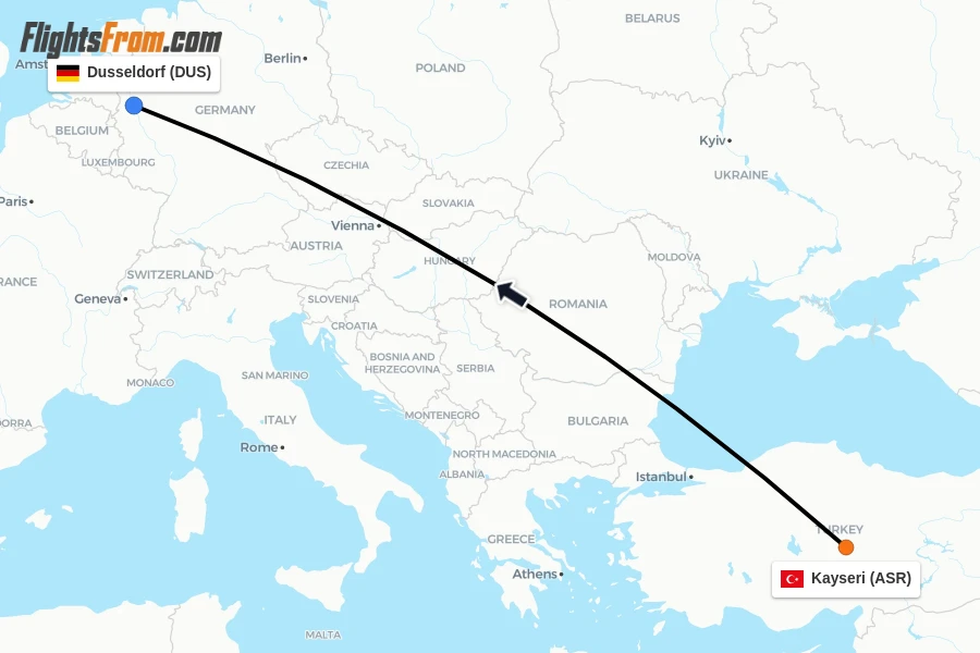 Flights from Kayseri to Dusseldorf route map