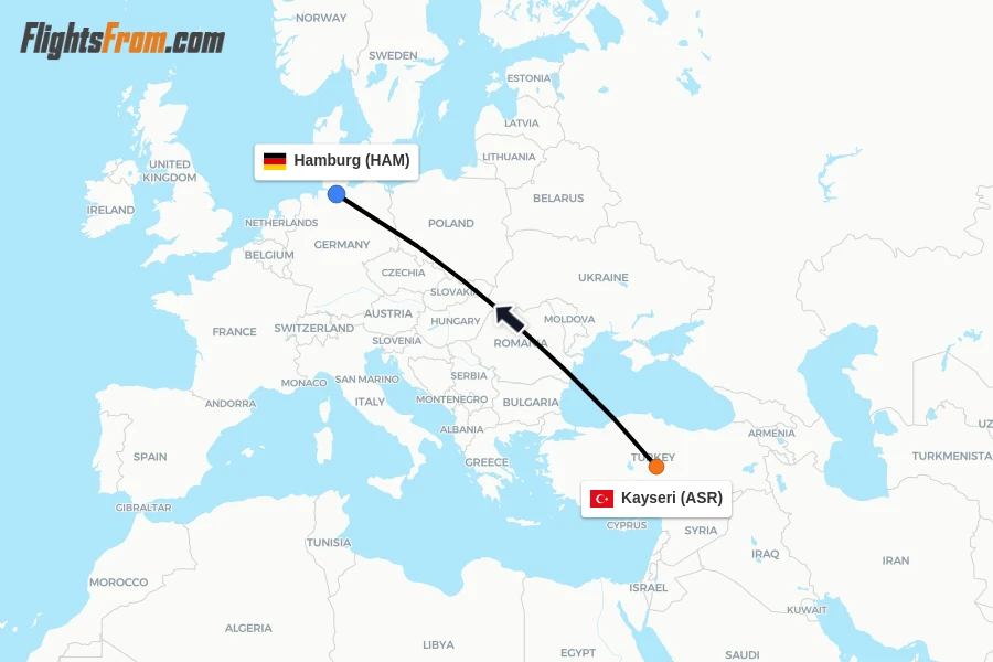Flights from Kayseri to Hamburg route map