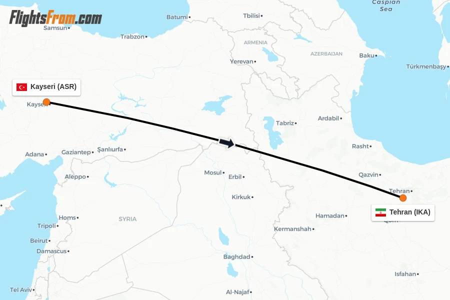Flights from Kayseri to Tehran route map