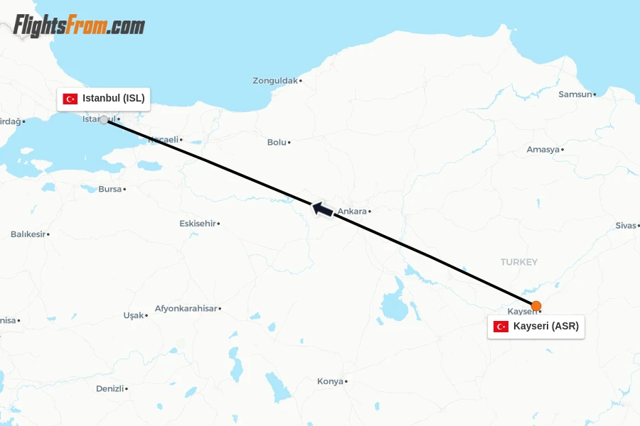 Flights from Kayseri to Istanbul route map