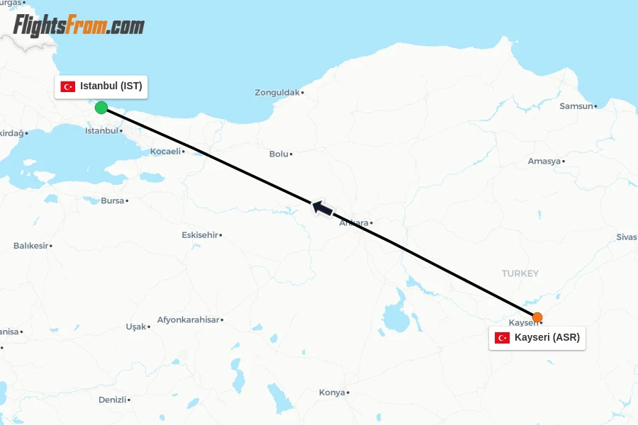 Flights from Kayseri to Istanbul route map