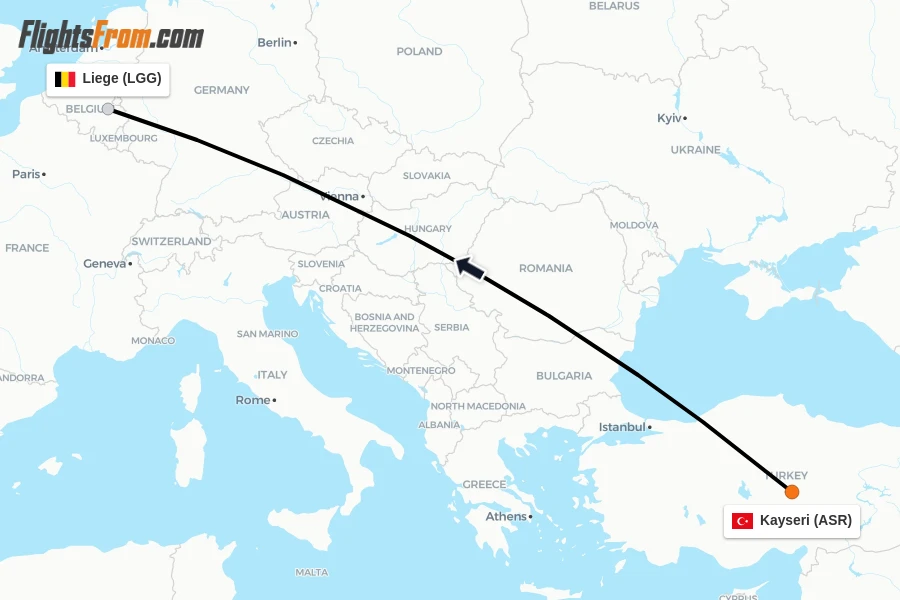 Flights from Kayseri to Liege route map