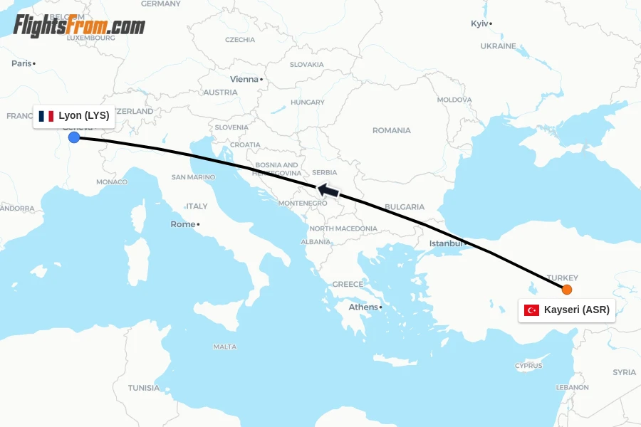 Flights from Kayseri to Lyon route map