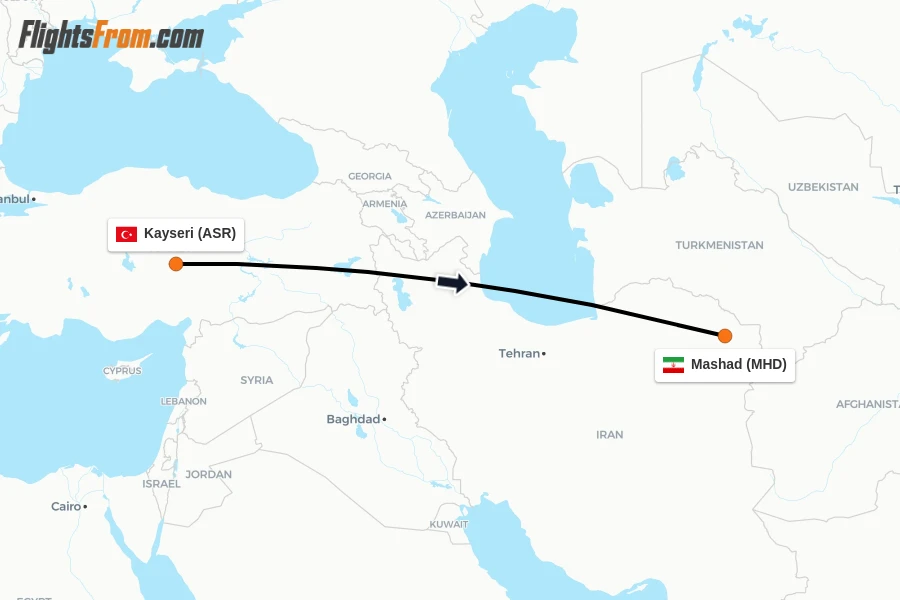Flights from Kayseri to Mashad route map