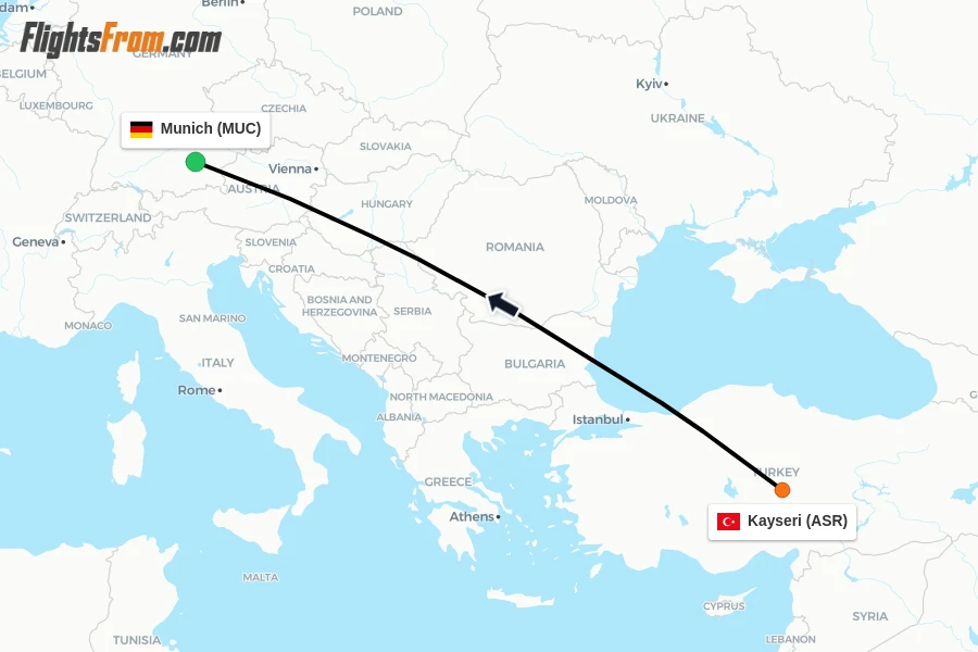Flights from Kayseri to Munich route map