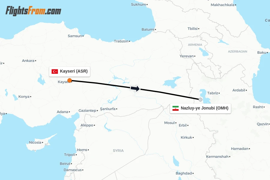 Flights from Kayseri to Nazluy-ye Jonubi route map