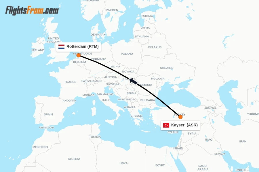 Flights from Kayseri to Rotterdam route map
