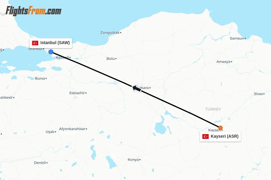 Flights from Kayseri to Istanbul route map