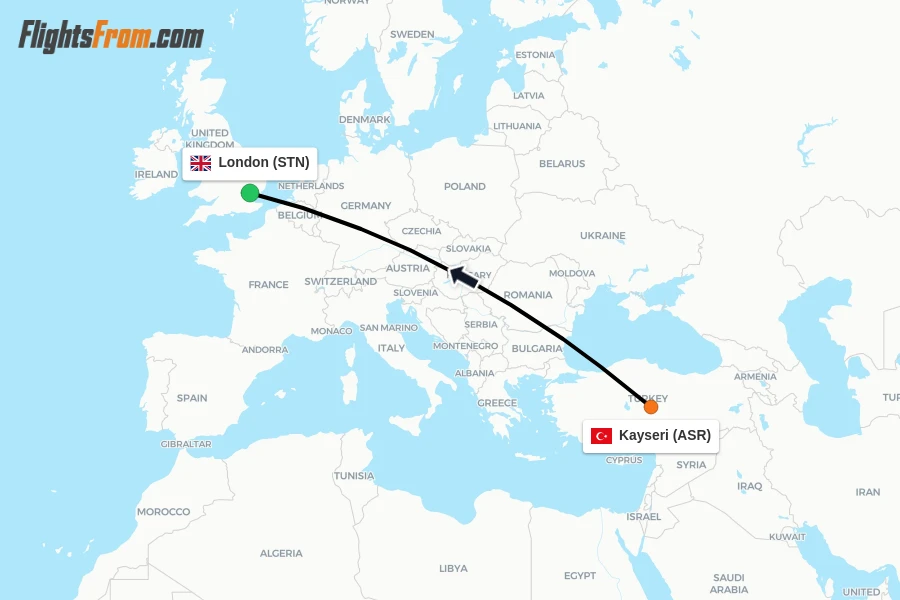 Flights from Kayseri to London route map
