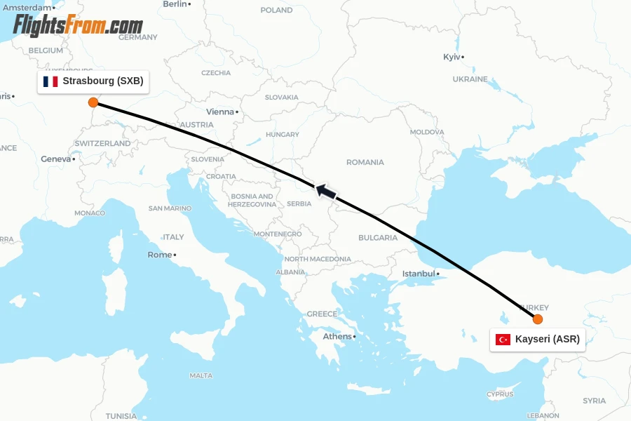 Flights from Kayseri to Strasbourg route map