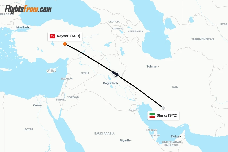 Flights from Kayseri to Shiraz route map
