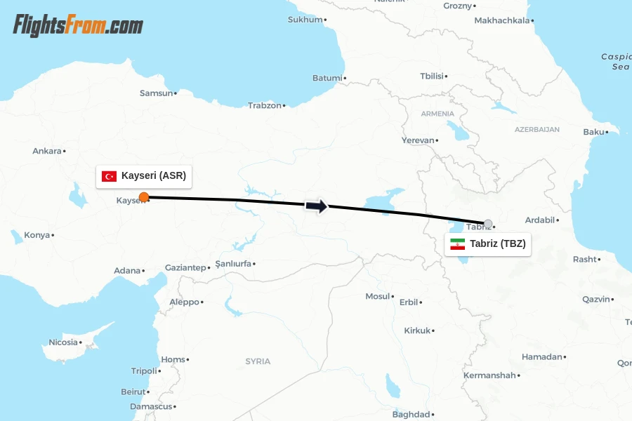 Flights from Kayseri to Tabriz route map