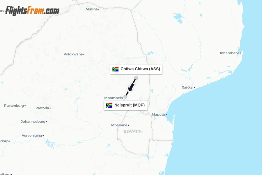 Flights from Chitwa Chitwa to Nelspruit route map