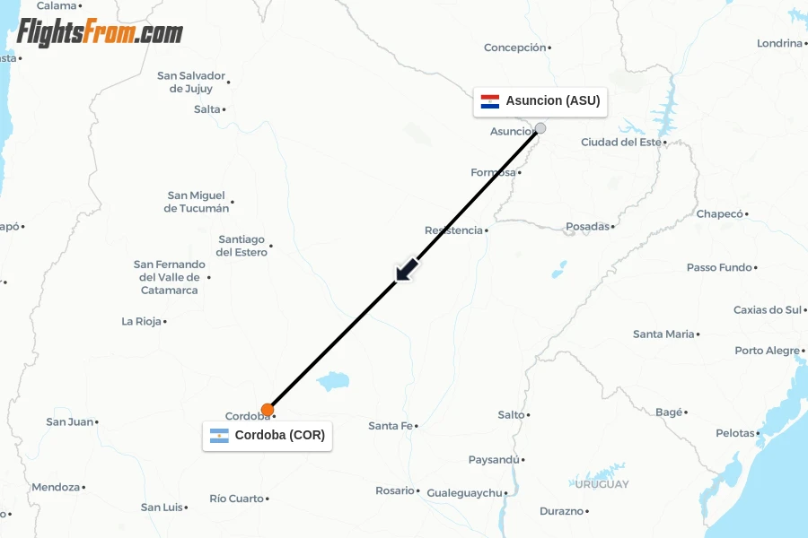 Flights from Asuncion to Cordoba route map