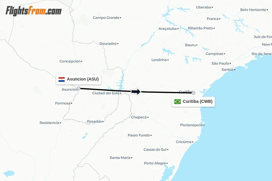 Flights from Asuncion to Curitiba route map