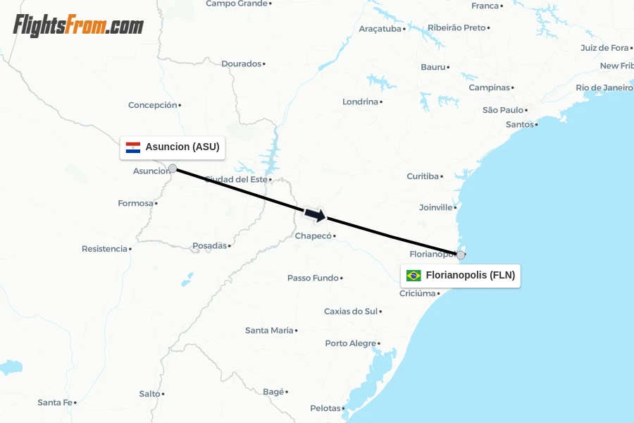 Flights from Asuncion to Florianopolis route map