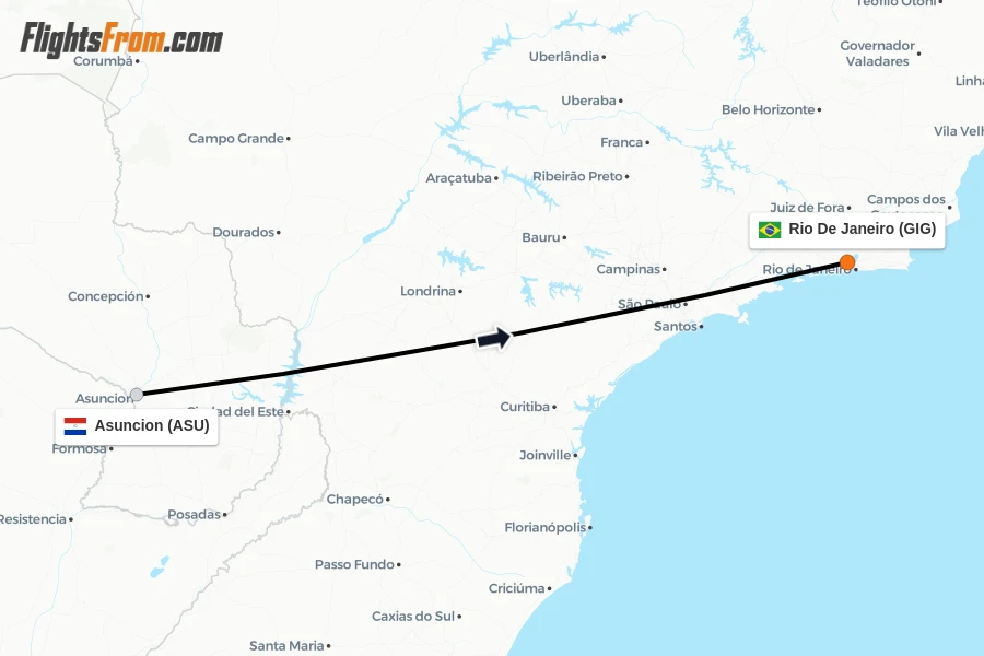 Flights from Asuncion to Rio De Janeiro route map