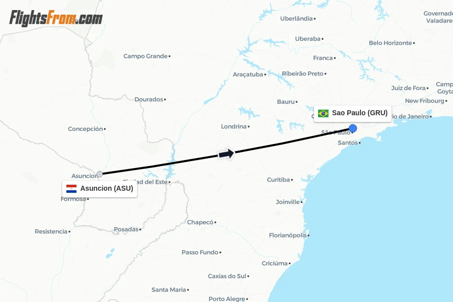 Flights from Asuncion to Sao Paulo route map