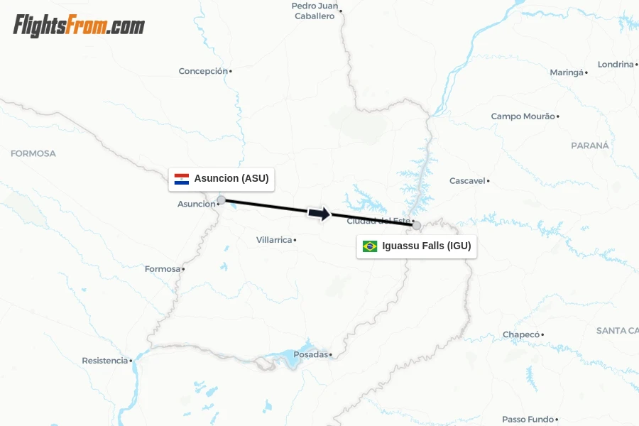 Flights from Asuncion to Iguassu Falls route map