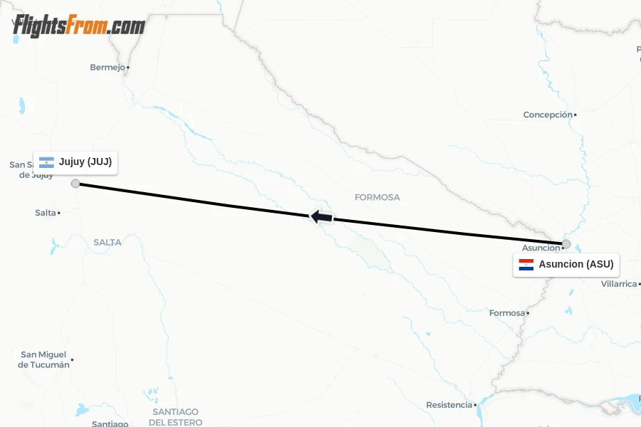 Flights from Asuncion to Jujuy route map