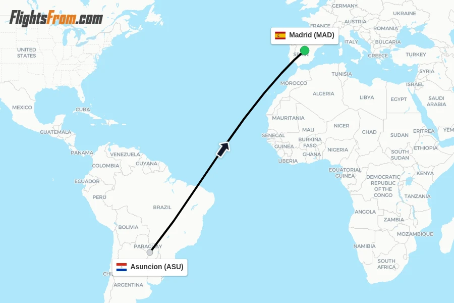 Flights from Asuncion to Madrid route map