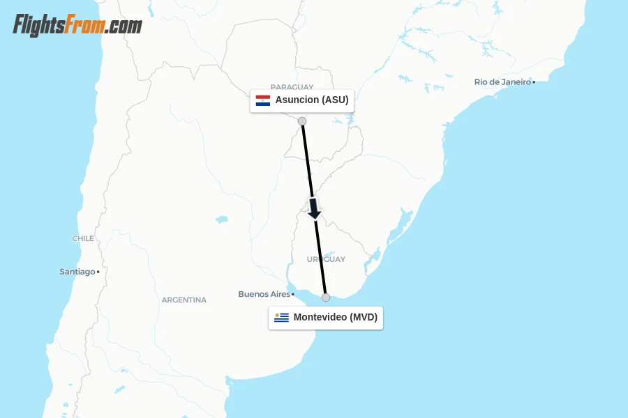 Flights from Asuncion to Montevideo route map