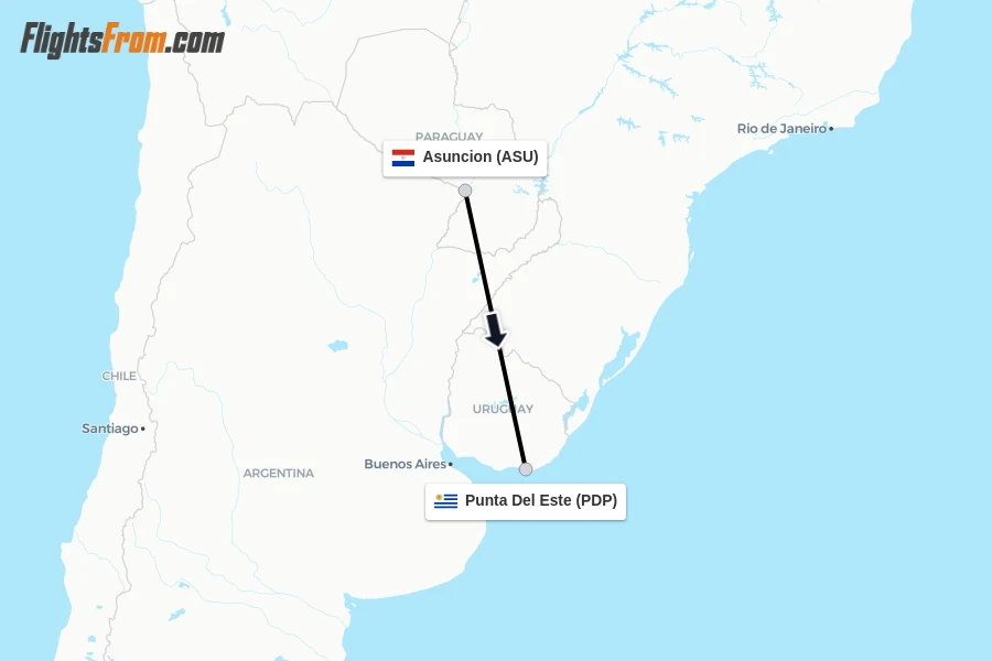 Flights from Asuncion to Punta Del Este route map