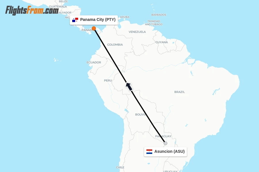 Flights from Asuncion to Panama City route map