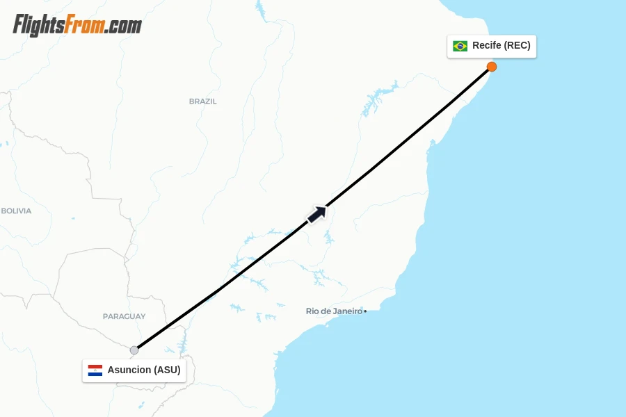 Flights from Asuncion to Recife route map