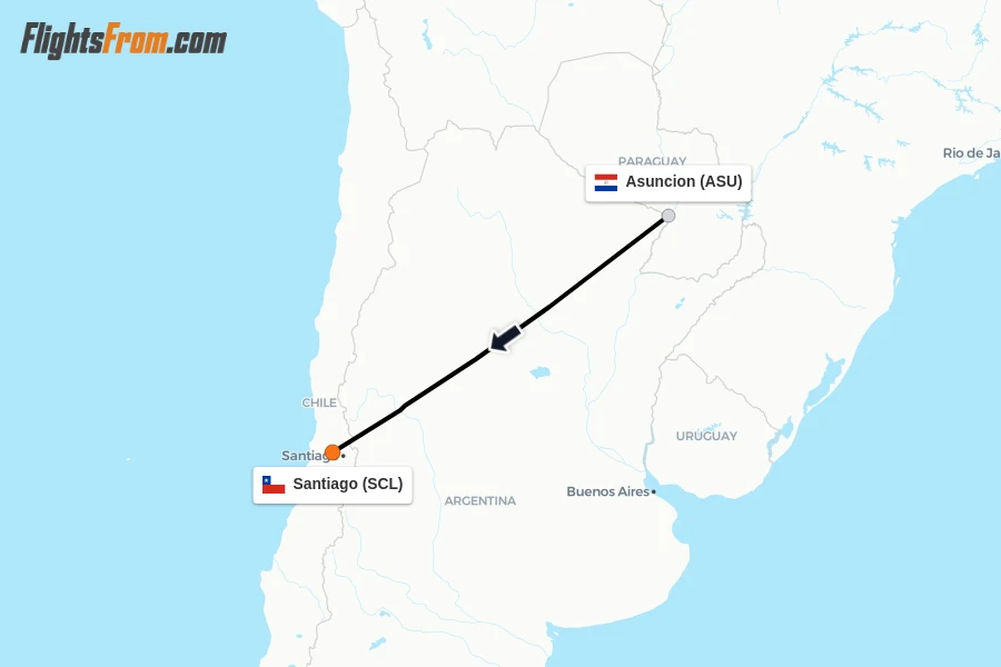 Flights from Asuncion to Santiago route map