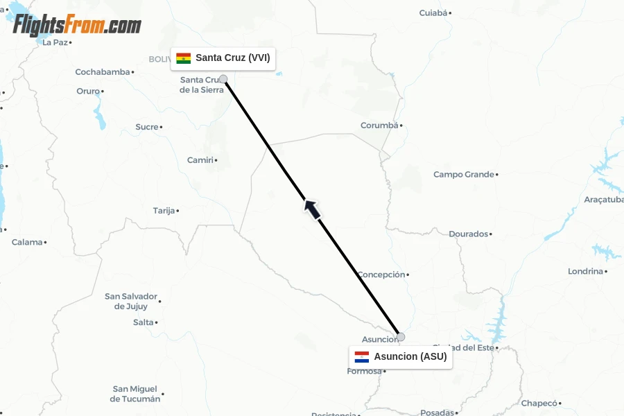 Flights from Asuncion to Santa Cruz route map