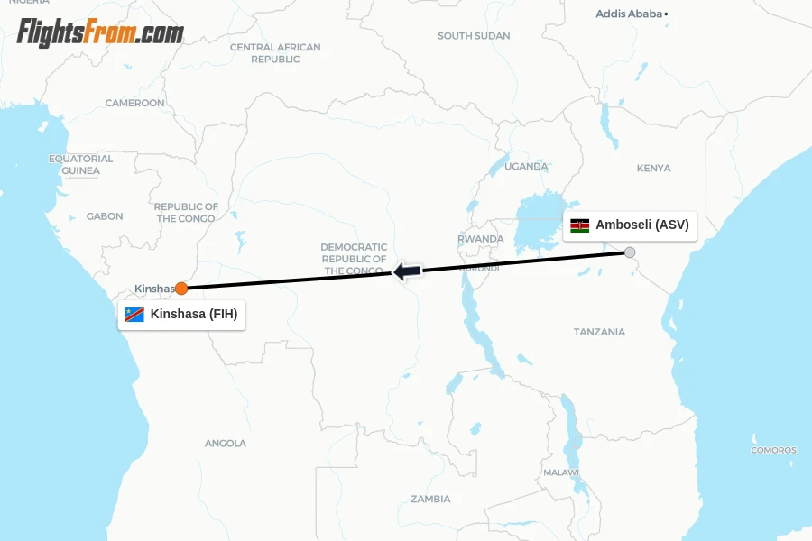 Flights from Amboseli to Kinshasa route map