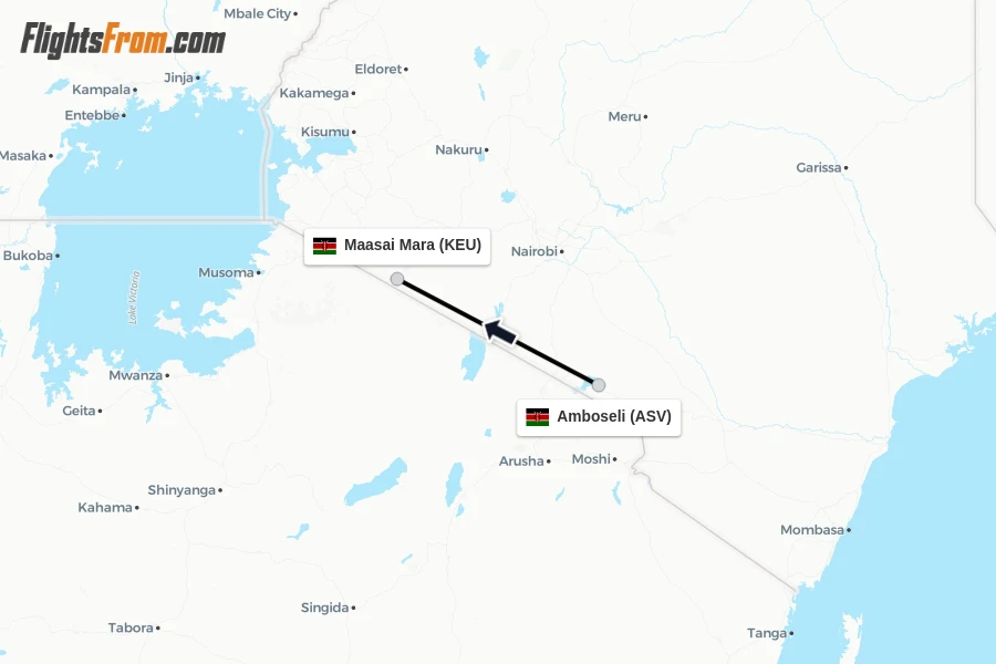 Flights from Amboseli to Maasai Mara route map
