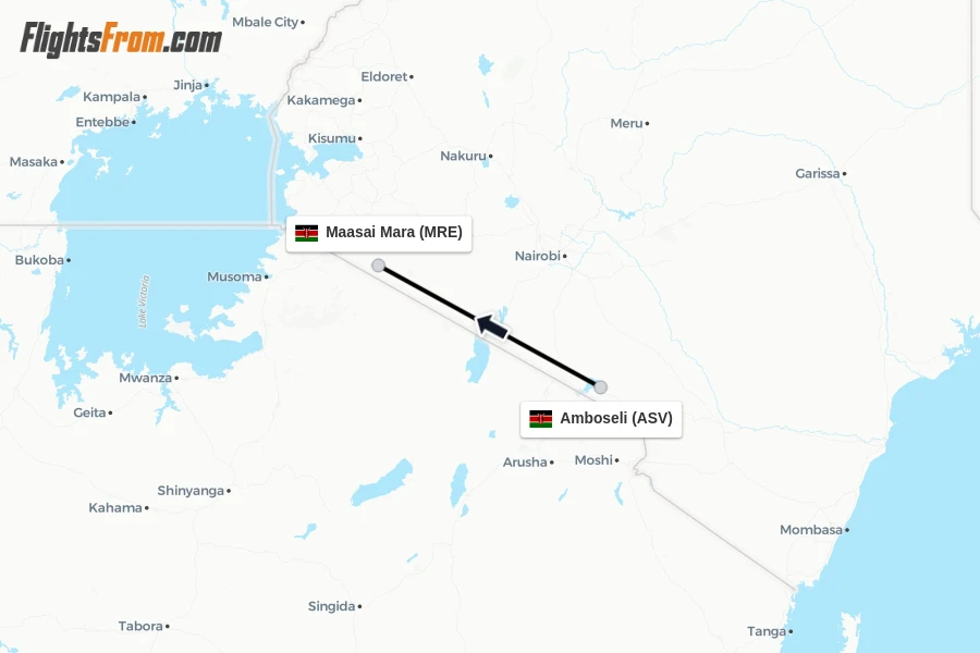 Flights from Amboseli to Maasai Mara route map