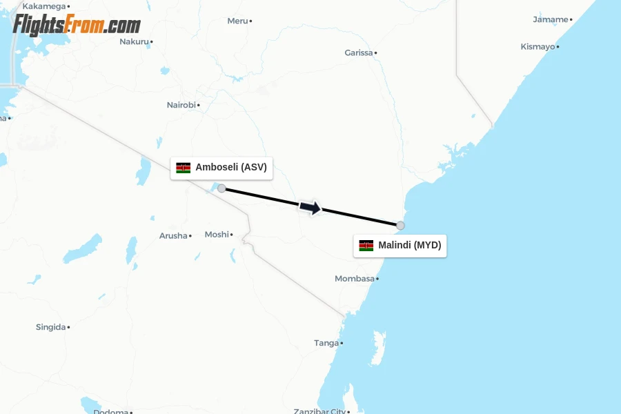 Flights from Amboseli to Malindi route map