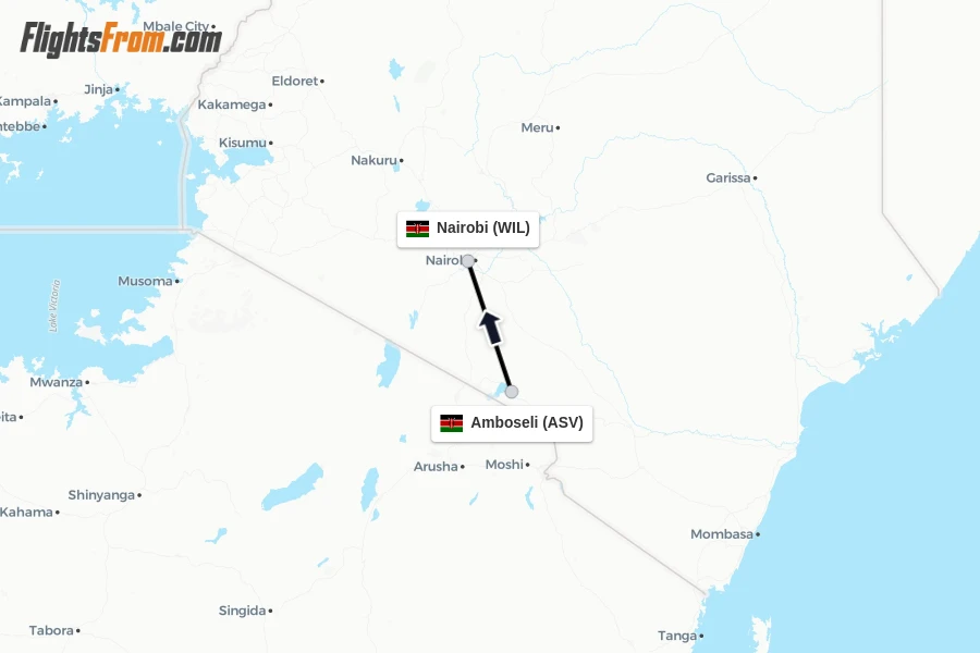 Flights from Amboseli to Nairobi route map