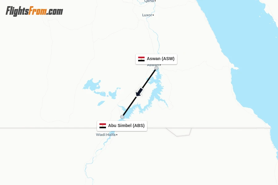 Flights from Aswan to Abu Simbel route map