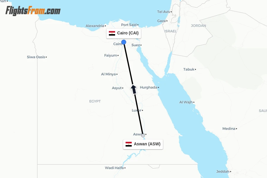 Flights from Aswan to Cairo route map
