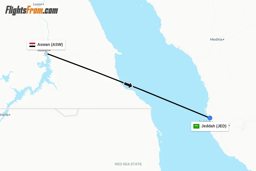 Flights from Aswan to Jeddah route map