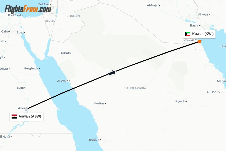 Flights from Aswan to Kuwait route map