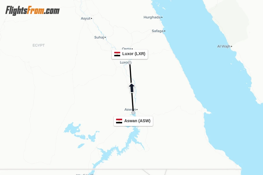 Flights from Aswan to Luxor route map