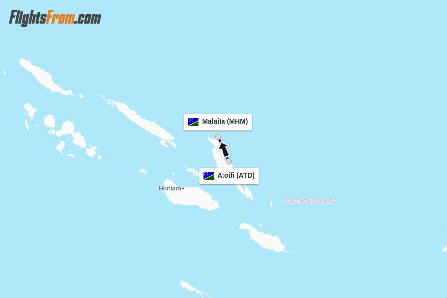 Flights from Atoifi to Malaita route map