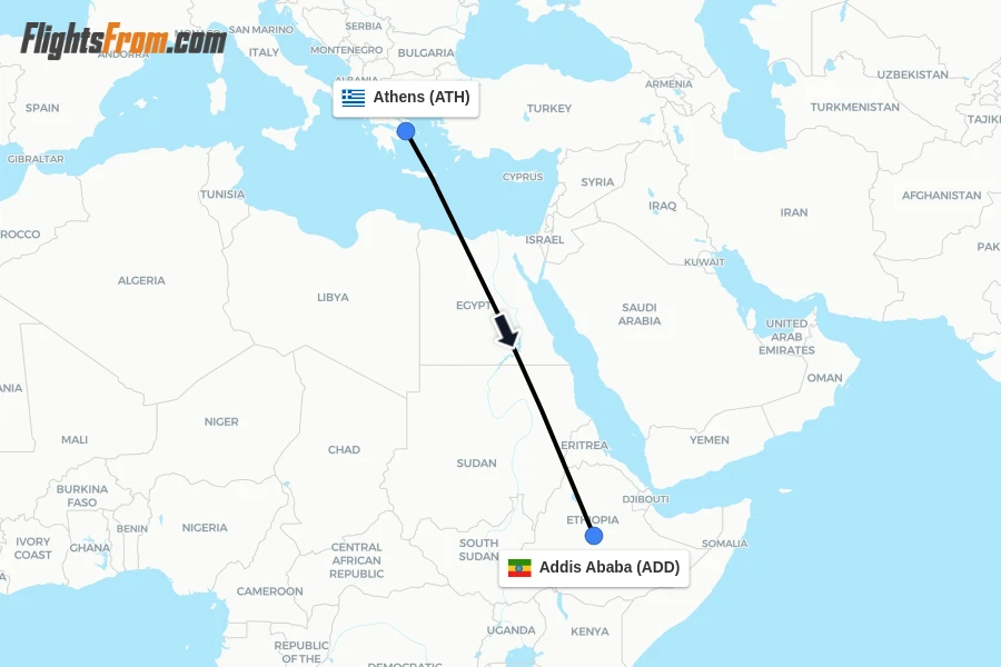 Flights from Athens to Addis Ababa route map