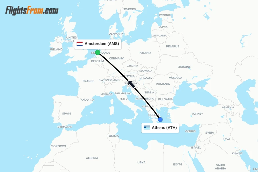 Flights from Athens to Amsterdam route map